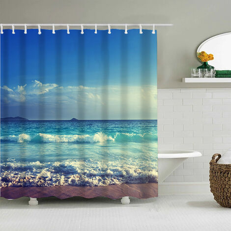 Face à la mer, motif de vagues, rideaux de douche étanches et anti moisissure en polyester, rideaux de salle de bain avec des crochets par