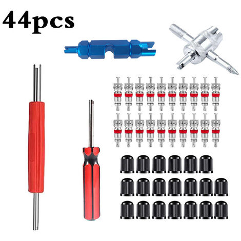 Kit d'outils de Réparation de Valve de Pneu de Voiture,Outil de Valve 4 Voies avec Noyaux de Valve,Bouchons de Valve de Pneu,Outil de Dépose de Tige Valve de Pneu Simple et Double Tête