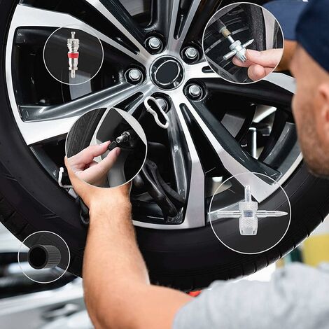 Kit d'outils de Réparation de Valve de Pneu de Voiture,Outil de Valve 4 Voies avec Noyaux de Valve,Bouchons de Valve de Pneu,Outil de Dépose de Tige Valve de Pneu Simple et Double Tête