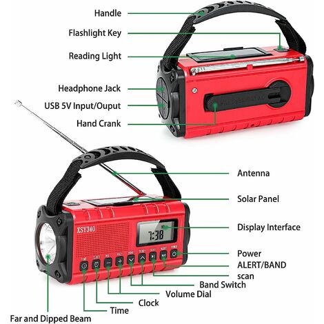 Radio Dab/FM Portable（rouge）, Radio Solaire 5000mAh, Radio Solaire Chargeur USB avec Alarme SOS d'urgence, Lampe de Poche et Lampe de Lecture