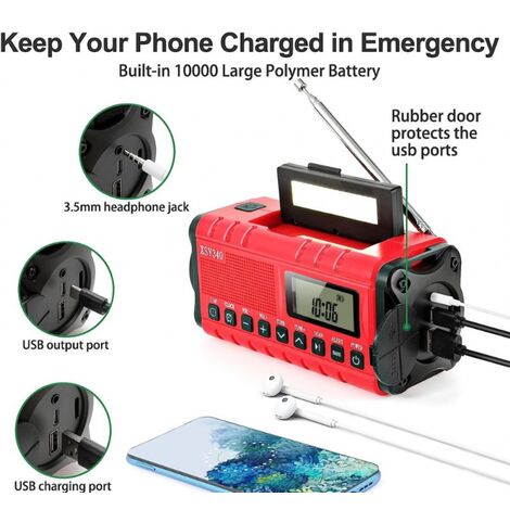 Radio Dab/FM Portable（rouge）, Radio Solaire 5000mAh, Radio Solaire Chargeur USB avec Alarme SOS d'urgence, Lampe de Poche et Lampe de Lecture
