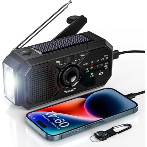 Radio Portable Manivelle Radio Solaire Survie AM/FM Radio Dynamo USB-C 2500mAh Rechargeable avec Lampe de Poche LED Alarme SOS Boussole Petit Radio pour Urgence Extérieure Randonnée Camping