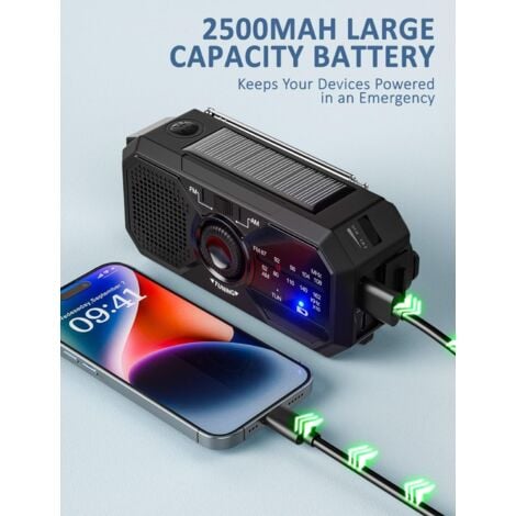 Radio Portable Manivelle Radio Solaire Survie AM/FM Radio Dynamo USB-C 2500mAh Rechargeable avec Lampe de Poche LED Alarme SOS Boussole Petit Radio pour Urgence Extérieure Randonnée Camping