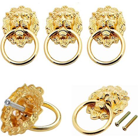 8 Pièces Tête Lion Armoire Poignées, Poignées Tiroir Lion Bronze Antique, Armoire Tiroir Tête Lion Anneaux, Avec Vis, Pour Poignées de Porte D'armoire et Poignées de Tiroir (Doré)