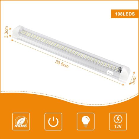 12V Barre de lumière intérieure à LED, Eclairage Voiture Lumineuse avec Interrupteur Marche/arrêt 1200LM Barre de Bande Lampe pour Voiture Van Camping Camion Bateau 2PCS