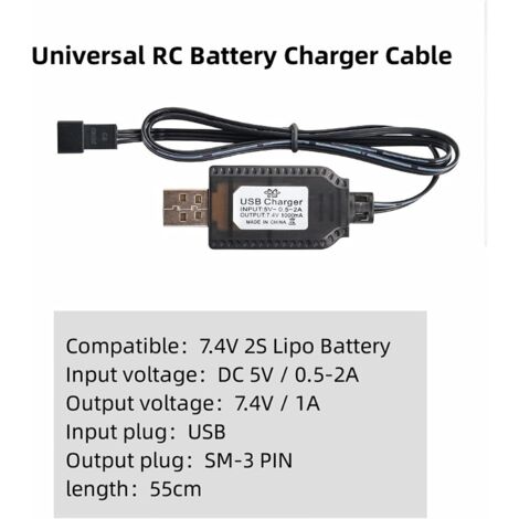 Câble Chargeur USB Greacesrio Pour Batterie LiPo 2S 7.4V – Connecteur SM-3P – Protection Surcharge – Pour RC Voiture, Drone, Bateau