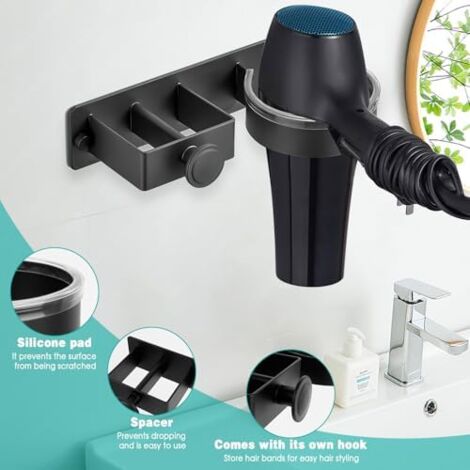 Support De Sèche-Cheveux, Porte Seche Cheveux Sans Percage Avec Range Cables Support Auto Adhesif En Aluminium Pour Ranger Le Seche Cheveux Le Lisseur Noir 87819145