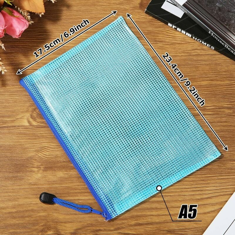 Relaxdays Chemise document transparente pochette fermeture éclaire  porte-document bureau A4 A5 6 pièces, bleu