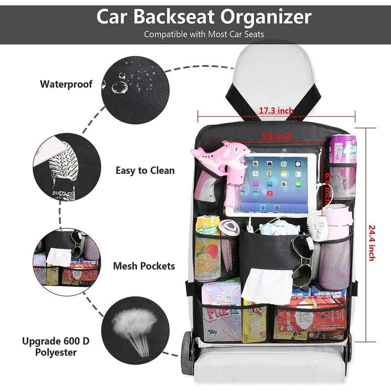Organisateur de siège arrière de voiture avec support de tablette à écran  tactile + 9 poches de rangement Kick Mats Protecteurs de dossier de siège  d'auto pour les enfants tout-petits