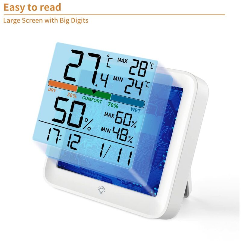 LTS FAFA Hygromètre Thermomètre intérieur-Numérique Humidité Humidité Gauge  précise Température Moniteur avec étalonnage MAX / MIN Records, LCD horloge  de rétroéclairage, l'icône Confort