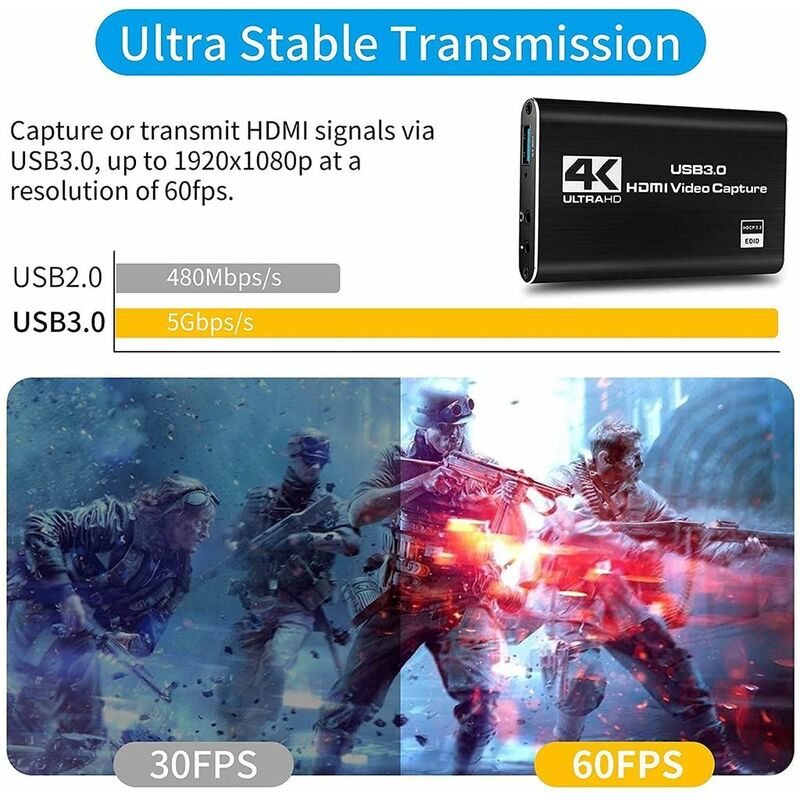 LTS FAFA Carte de capture de jeu Carte de capture audio vidéo 4K HDMI USB  3.0 Dispositif de capture vidéo Full HD 1080P pour l'enregistrement de jeux