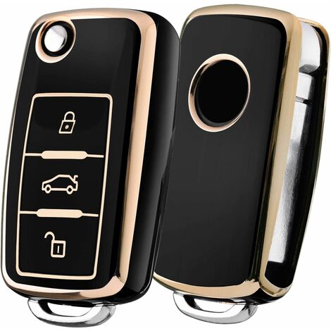 LTS FAFA Porte - clés de voiture VW, porte - clés de golf VW, porte - clés  à 3 boutons du siège Volkswagen Polo passat Skoda (noir doré)