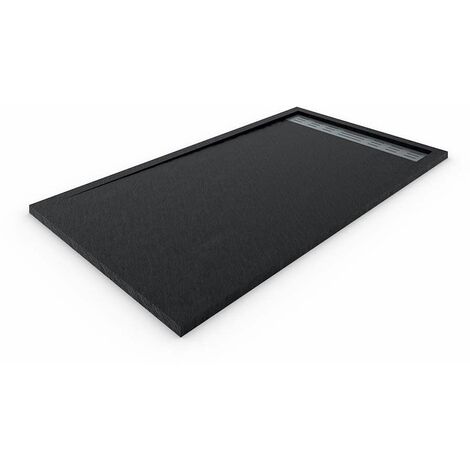 Receveur de douche À CADRE LATÉRAL DELUXE - Résine et charges minérales - Texture Ardoise - Antidérapante C3 - Fourni avec grille et siphon - Noir 90X110 Ral 9005 (1/4)