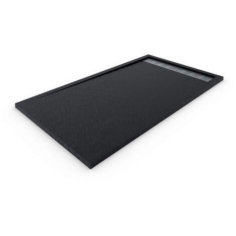 Receveur de douche À CADRE LATÉRAL DELUXE - Résine et charges minérales - Texture Ardoise - Antidérapante C3 - Fourni avec grille et siphon - Noir 90X140 Ral 9005 (1/5)