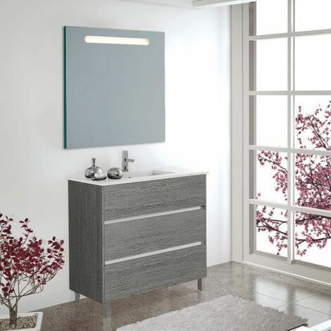 Meuble de salle de bains Imperia 3 pièces avec lavabo et miroir. Livré assemblé 80CM Chêne Smoky