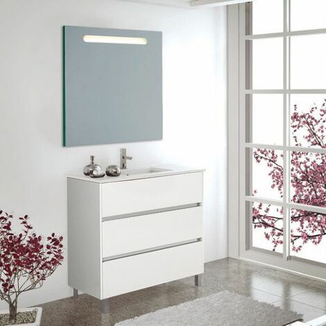 Meuble de salle de bains Imperia 3 pièces avec lavabo et miroir. Livré assemblé 90CM avec le vasque déplacé vers la gauche Blanc brillant