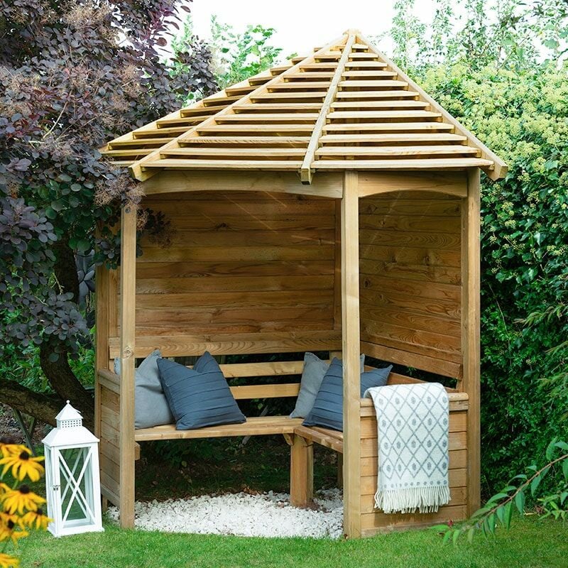 Venetian Corner Arbour Seat – Garden Shelter Slatted Roof Pressure Treated