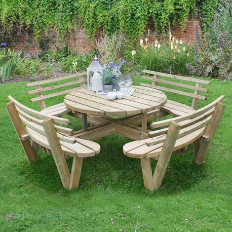 Forest Circular Wooden Garden Picnic, Wooden Circular Garden Table And Chairs