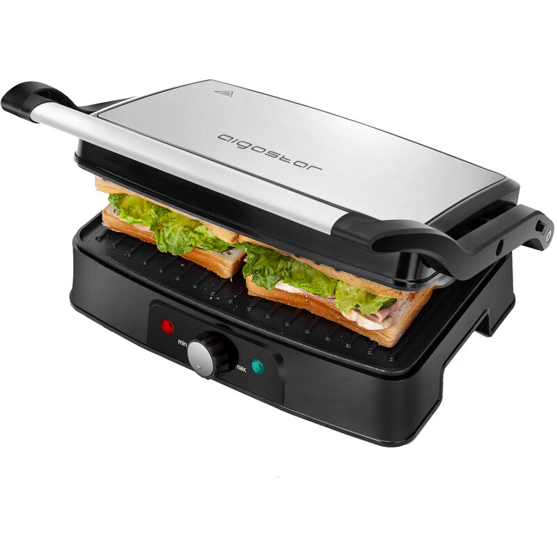 Aigostar Hitte Grill sandwichera 1500w parrilla y máquina de panini 812417n plata potencia 2 placas cocinado independientes antiadherentes apertura 180º