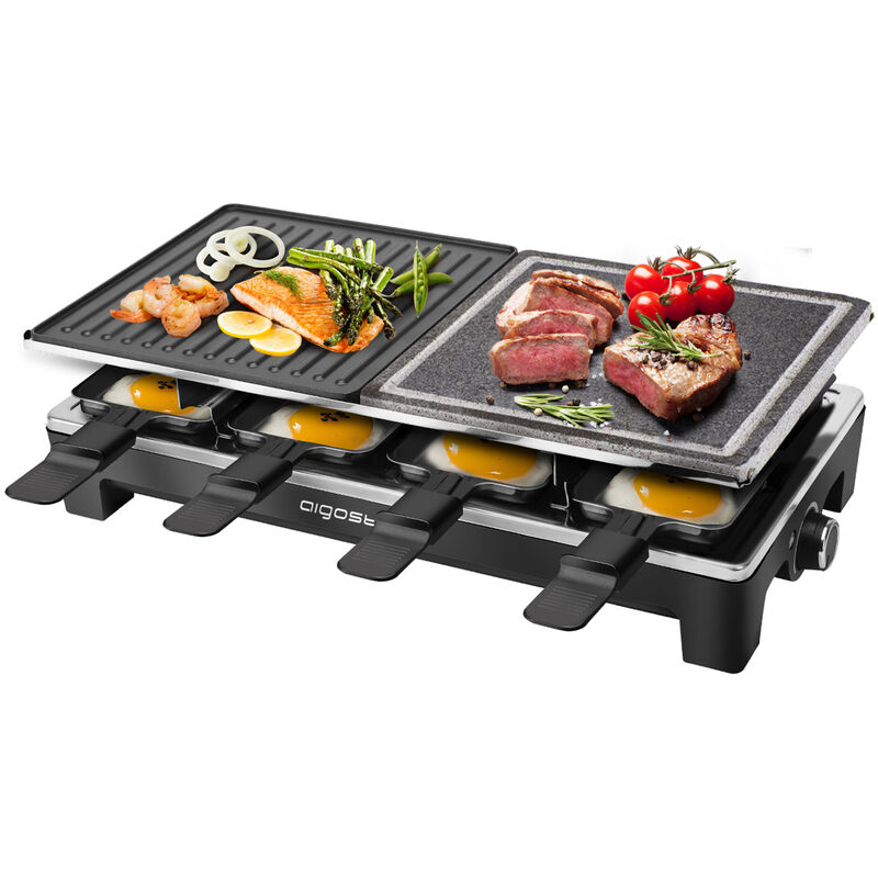 Aigostar Kabul 30REL - Raclette con piedra natural y parrilla grill reversible de acero inoxidable, 1.500W. Incluye 8 mini-sartenes, termostato ajustable, totalmente desmontable.