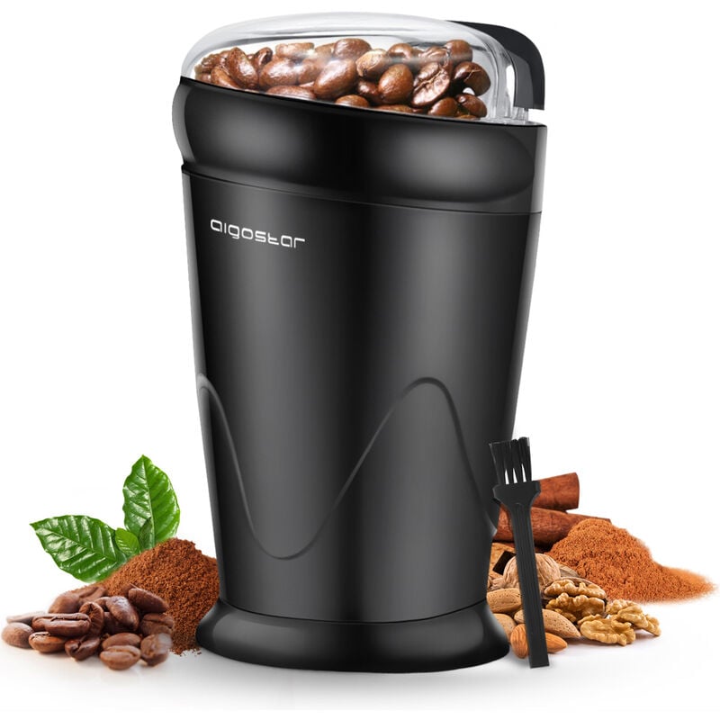 Aigostar Molinillo de Café Eléctrico, Molino Cafe Cereales con Cuchillas Acero Inoxidable, Capacidad 60gr con Cepillo para Limpieza , Tapa Transparente, Libre de BPA, Negro