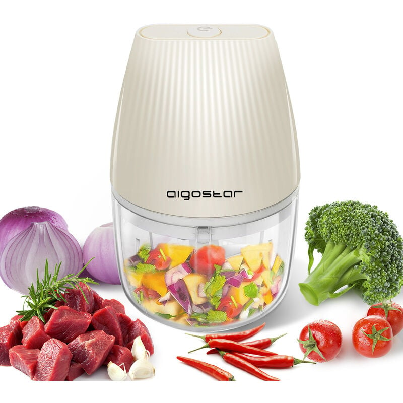 Aigostar Aimee - Picadora Eléctrica, 3 Cuchillas, Mini Picadora de Alimentos Recargable USB con Cepillo Suave y Rascado, 250ml, para verduras, frutas, ajo, hierbas y comida para bebé