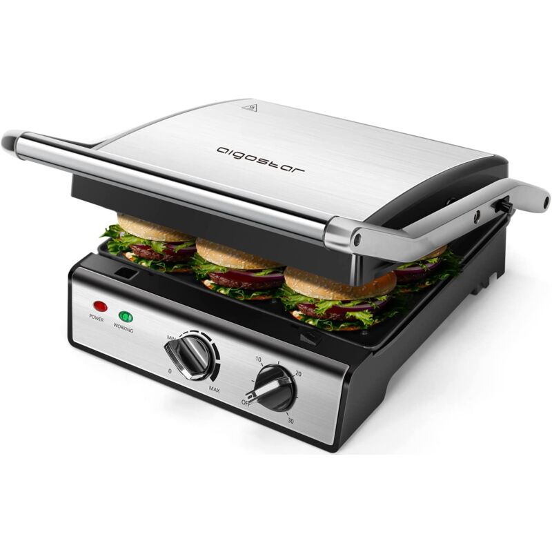 Grill Max Aigostar plata sandwichera 2000w panini 30hix 30 hix parrilla con placas de potencia apertura 180º temperatura y temporizador ajustables grandes 29 24cm.