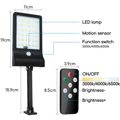 Aigostar - Farola solar LED exterior con sensor de movimiento y mando a distancia. Luz solar exterior resistente al agua IP65, regulable 180º, detección  movimiento 7m. Para caminos, entradas etc.
