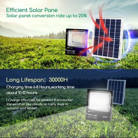 Aigostar - Foco proyector LED solar con mando a distancia,100W,6500K luz blanca.Resistente al agua IP66.Perfectos para interior y exterior jardín,patios,caminos o garajes,Longitud de cable 2M.