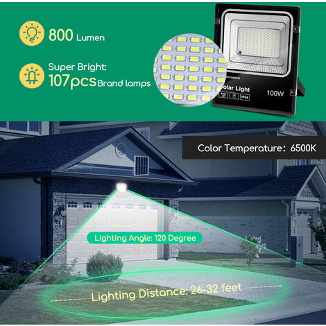 Aigostar - Foco proyector LED solar con mando a distancia,100W,6500K luz blanca.Resistente al agua IP66.Perfectos para interior y exterior jardín,patios,caminos o garajes,Longitud de cable 2M.