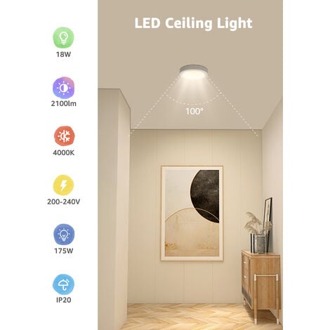 Aigostar Lámpara de Techo LED 18W(Equivalente a 175W) Plafón LED Techo 2100LM Luz natural 4000K para Cocina Sala de Estar Dormitorio Pasillo 226  35Hmm, 2 PCS