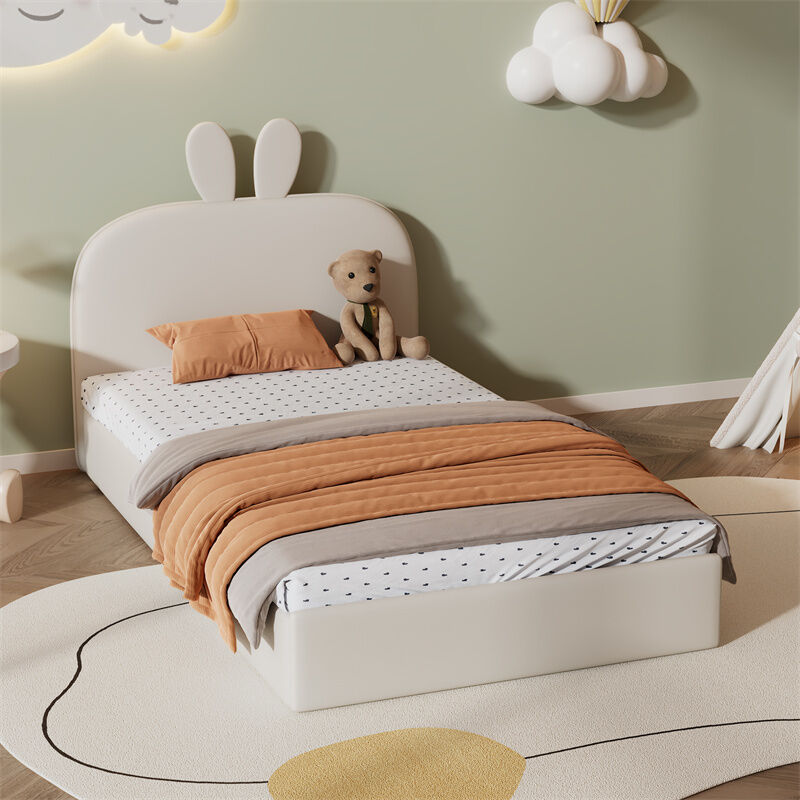 Lit Enfant 90x200 Cm Avec Tête De Lit En Forme D'oreilles De Lapin - Blanc Doux Imitation Laine - Cadre En Fer Robuste