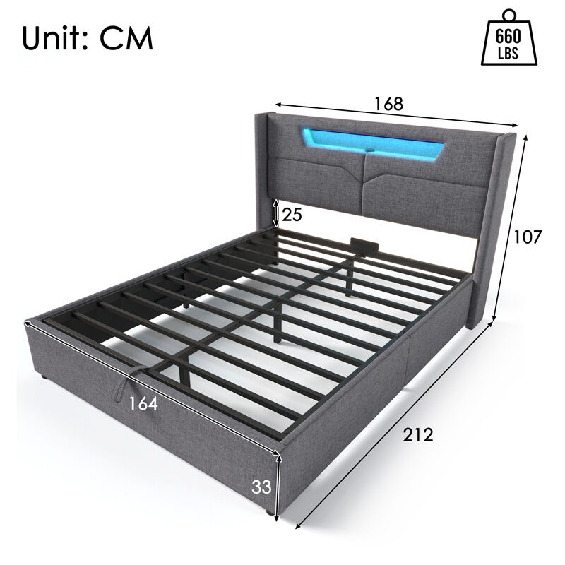 Lit Coffre 160x200 Capitonné Noir Avec LED, USB, Sommier Lattes – Lit Double Rangement & Charge Fortuna Lai