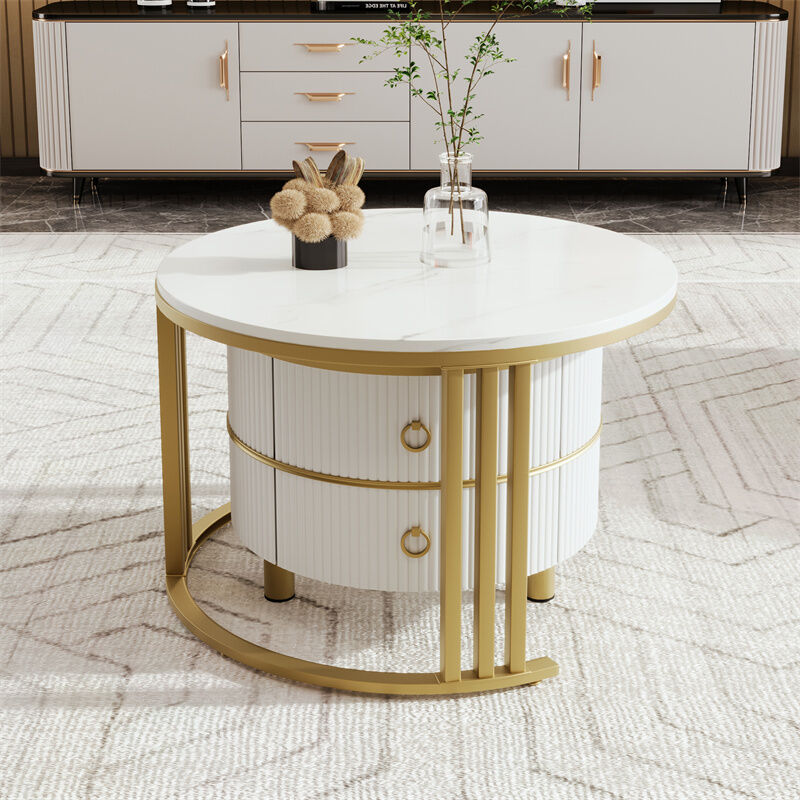 Lot 2 Tables Basses Gigognes Rondes Blanc Marbre Et Doré - 60 Cm + 45 Cm, Design Moderne Pour Salon Et Bureau