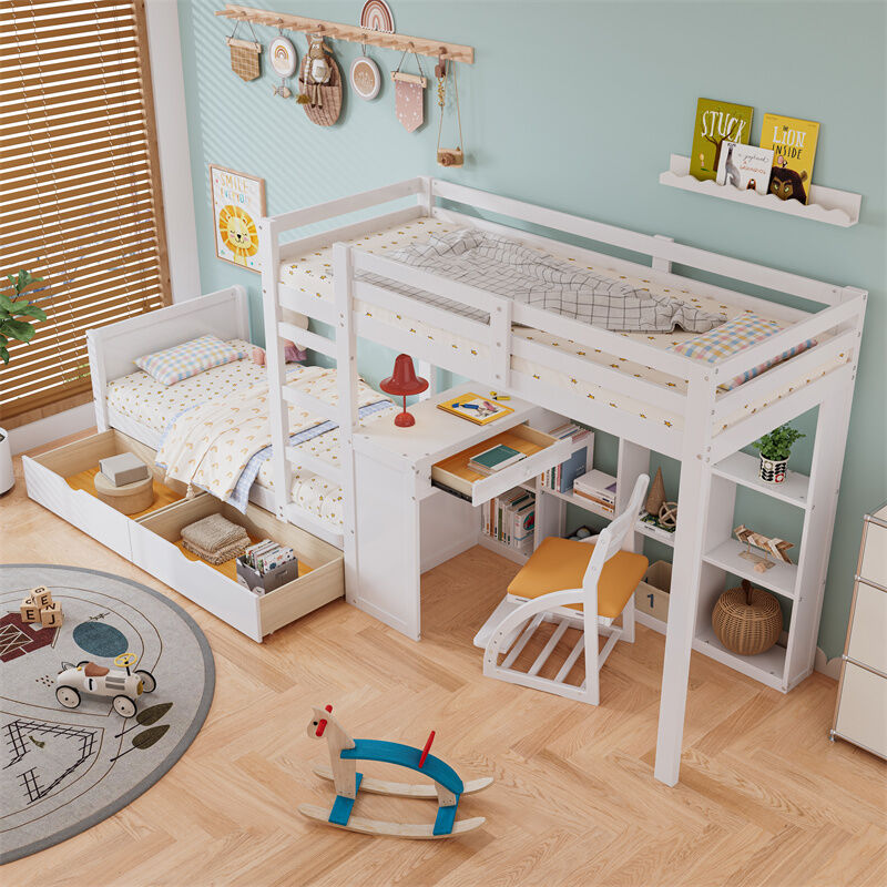 Lit Superposé Triple OOIILLEE 90x200 Cm – 3 Places En Bois Massif – Échelle Latérale – Pour Enfants Et Ados – Blanc - 10