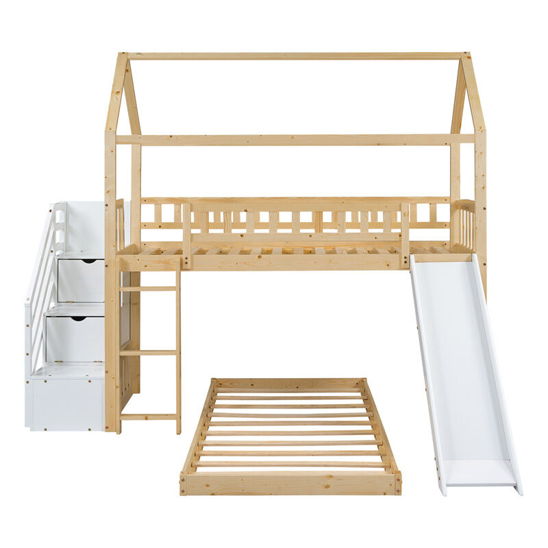 Lit Superposé Cabane Avec Toboggan - 2 Tiroirs, 90x200cm + 120x200cm | Lit Enfant Bois Massif Blanc