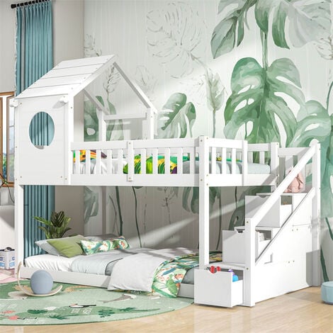 Lit cabane 90x200 cm Lit superposé lit d'enfant lit de maison pour filles  et garçons avec échelle & baldaquin blanc