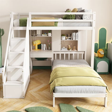 Lit superposé,lit double,lit d'enfant multifonctionnel,fonction de  rangement,avec bureau et étagères,avec sommier à lattes,blanc,90 * 200