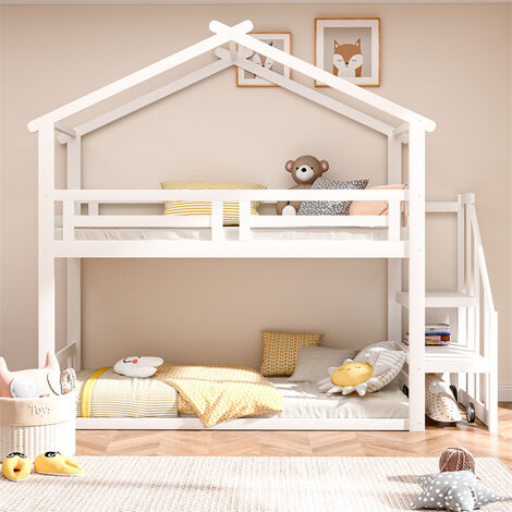 Lit Mezzanine Enfant 90x200 Avec Escalier - Cadre Bois Massif, Design Loft, Capacité 120kg - Sans Matelas