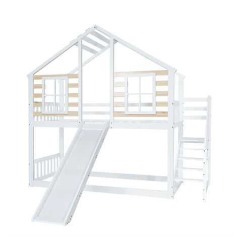 Lit Superposé Enfant 90x200cm Style Cabane - Avec Toboggan Et Escalier Rangement - Bois Pin Massif - Gris Ou Blanc