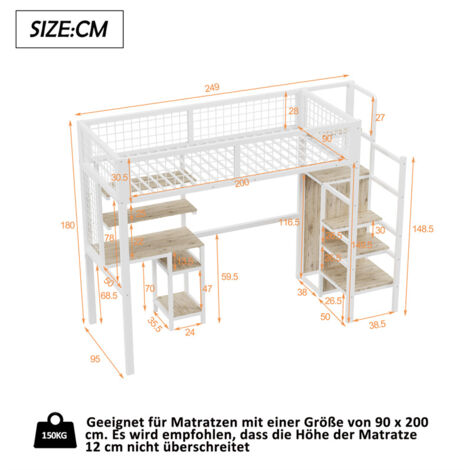 Lit Mezzanine Enfant 90x200 Cm Avec échelle Et Armoire - Métal Et MDF, Sans Matelas - Noir/Blanc