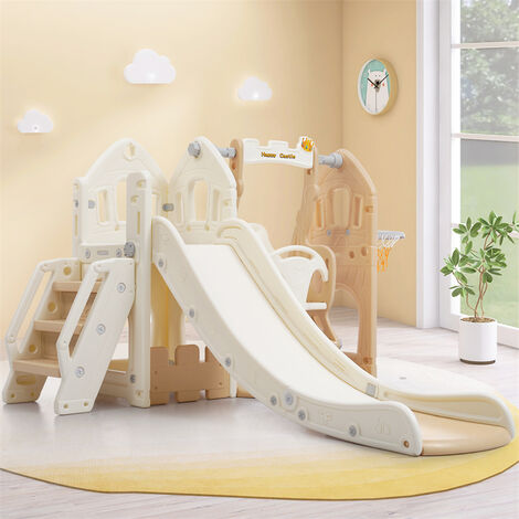 Toboggan en PP 5 en 1 pour enfant 3-8ans, balançoire, toboggan, escalade, espace de rangement, cadre de basket-ball, rose antique