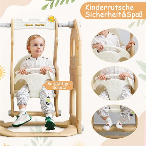Toboggan en PP 5 en 1 pour enfant 3-8ans, balançoire, toboggan, escalade, espace de rangement, cadre de basket-ball, rose antique