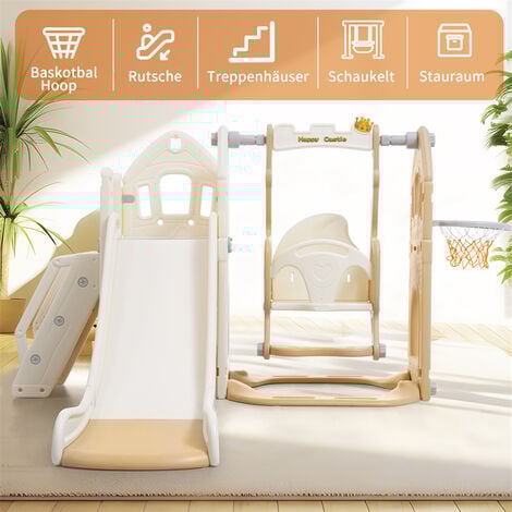 Toboggan en PP 5 en 1 pour enfant 3-8ans, balançoire, toboggan, escalade, espace de rangement, cadre de basket-ball, rose antique