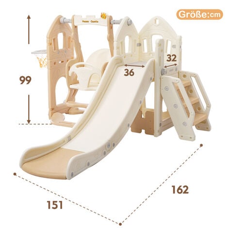 Toboggan en PP 5 en 1 pour enfant 3-8ans, balançoire, toboggan, escalade, espace de rangement, cadre de basket-ball, rose antique