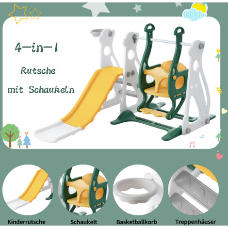 Toboggan pour enfants 4 en 1 - Convient pour l'intérieur et l'extérieur - avec balançoire, cadre de basket, toboggan, échelle - Vert