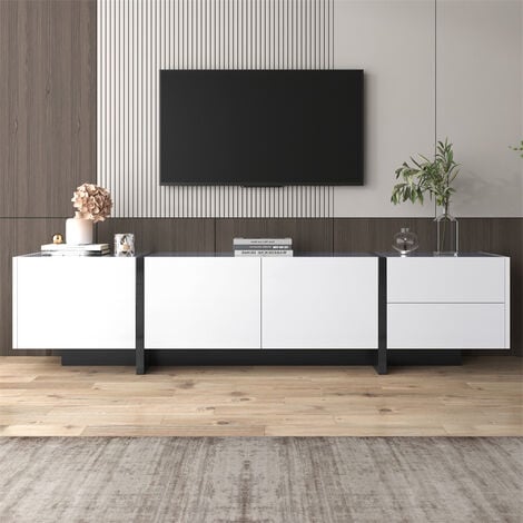 Meuble TV 190x35x45cm, avec 3 portes et 2 tiroirs, étagères intérieurs, brillant, style moderne, design linéaire simple, blanc