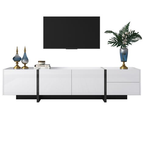 Meuble TV 190x35x45cm, avec 3 portes et 2 tiroirs, étagères intérieurs, brillant, style moderne, design linéaire simple, blanc