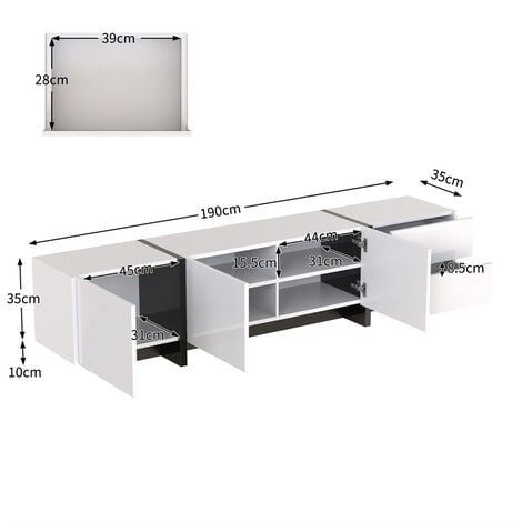 Meuble TV 190x35x45cm, avec 3 portes et 2 tiroirs, étagères intérieurs, brillant, style moderne, design linéaire simple, blanc