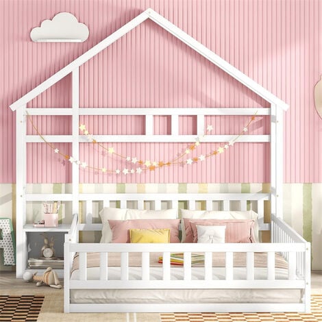 Lit cabane 140 x 200cm pour enfant, Lit plat lit de maison avec rampe, Lits d'enfant avec chevets